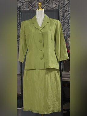 VTG Dué Per Dué SILK SHANTUNG Skirt Suit Set Lime Pistachio Green,Size 14
